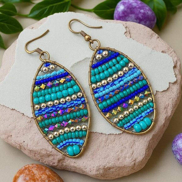 Indian Boho Chic Artisan Coastal Squash Tail Earrings Colorful Beaded Trendy - Picture 7 of 12